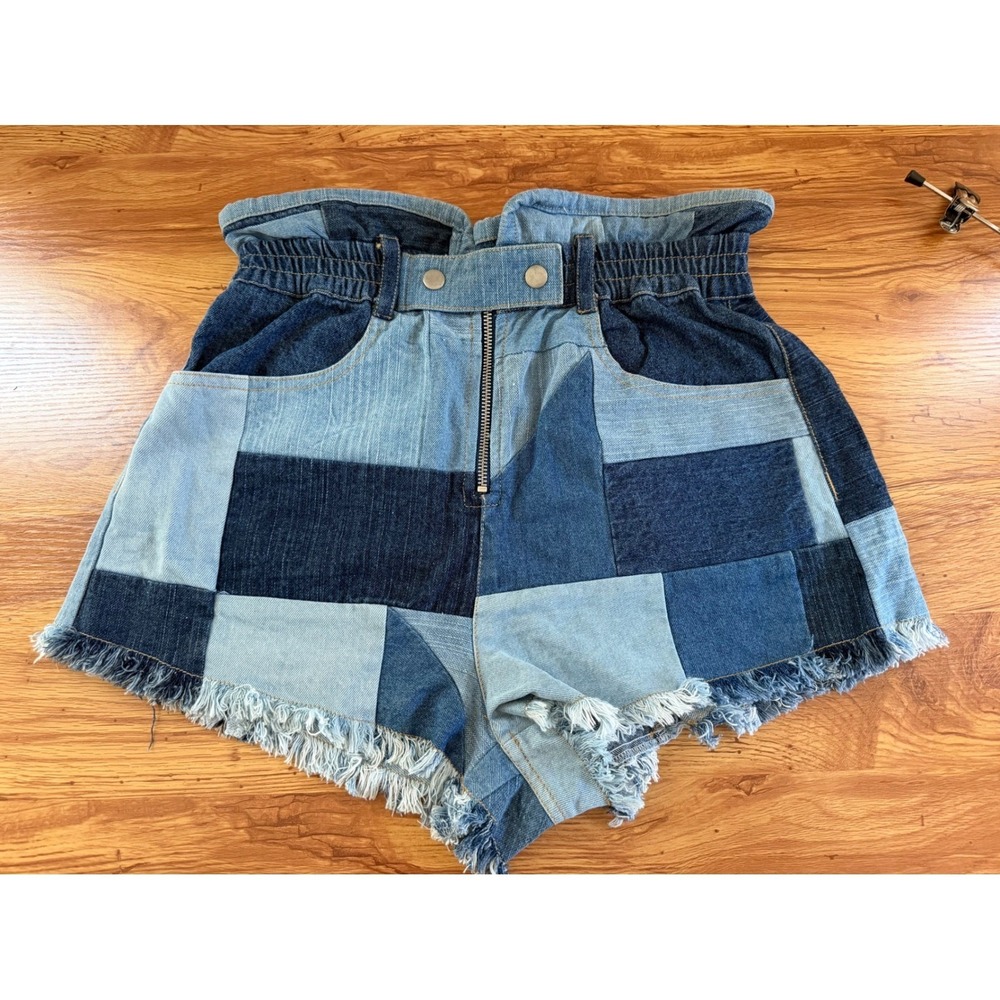 Sea New York Patchwork Denim Paperbag Waist Shorts Frayed Hem Size 6